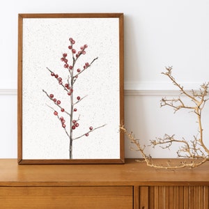 Red Holly Berry Christmas Print,Antique Fall Winter, Neutral Holiday Decor, Botanical Drawing,Minimalist Christmas Wall Art Sketch image 3