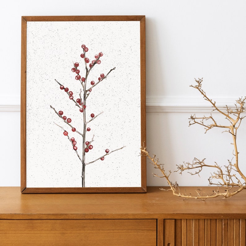 Red Holly Berry Christmas Print,Antique Fall Winter, Neutral Holiday Decor, Botanical Drawing,Minimalist Christmas Wall Art Sketch image 3