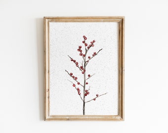 Red Holly Berry Christmas Print,Antique Fall Winter, Neutral Holiday Decor, Botanical Drawing,Minimalist Christmas Wall Art Sketch