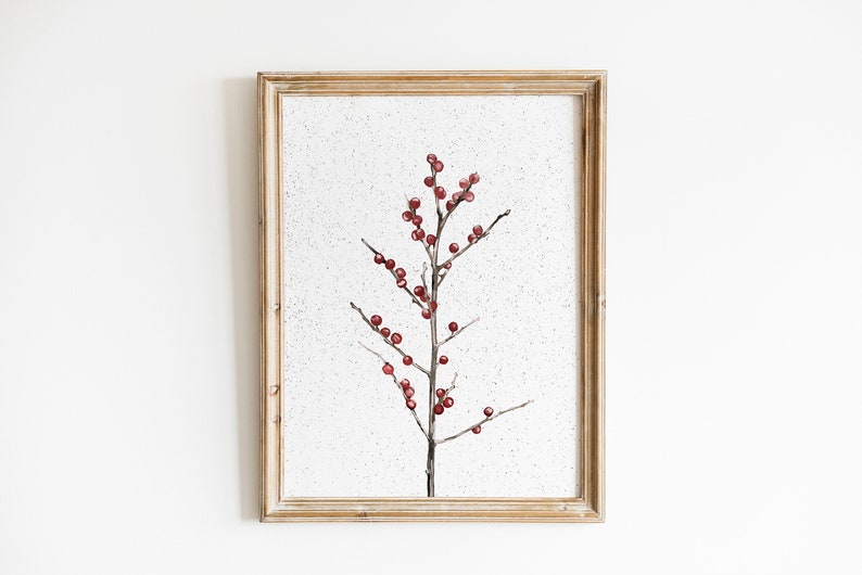 Red Holly Berry Christmas Print,Antique Fall Winter, Neutral Holiday Decor, Botanical Drawing,Minimalist Christmas Wall Art Sketch image 1