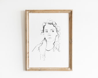 Woman Line Drawing,Female Line Art,Female Body Drawing,Portrait Drawing,Sketch Wall Art,Vintage Sketch,Printable Wall Art