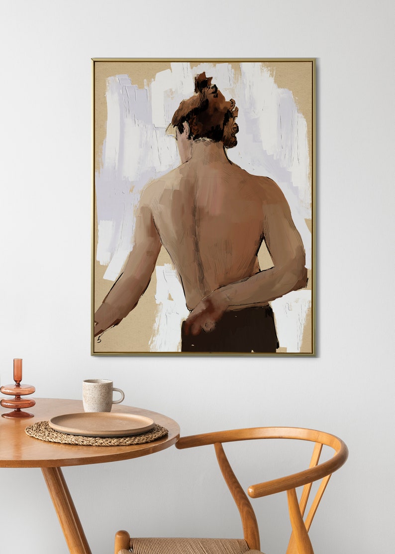 Sketch Figure of a Man Posing from the Back, Stylized Sketch Figure of a Man Shirtless,Vintage Sketch Painting, Figurative Art image 7