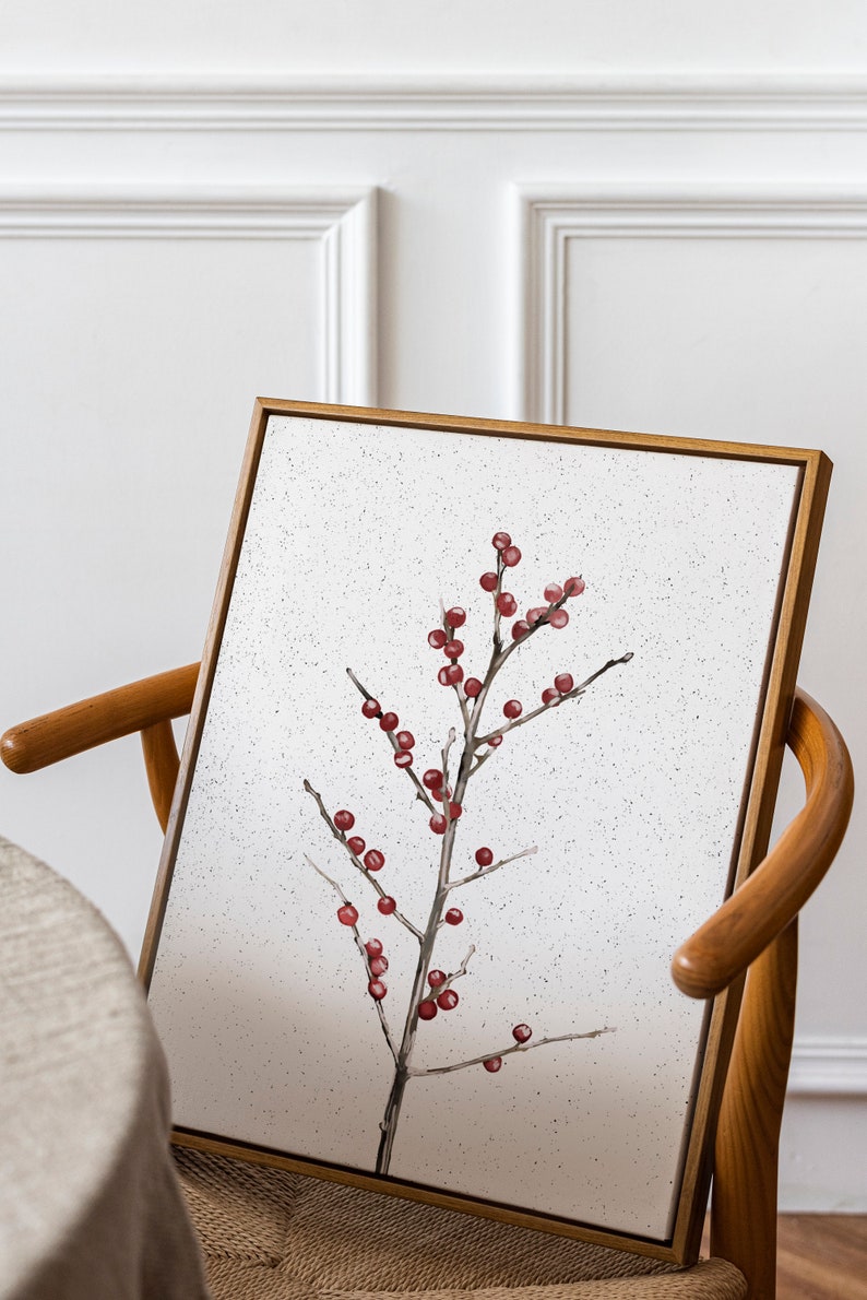 Red Holly Berry Christmas Print,Antique Fall Winter, Neutral Holiday Decor, Botanical Drawing,Minimalist Christmas Wall Art Sketch image 4