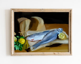 Rustic Fish Still Life Painting with Vintage Aesthetic,Digital Art Print, Rustic Fish and Bread Still Life Painting with Timeless Appeal