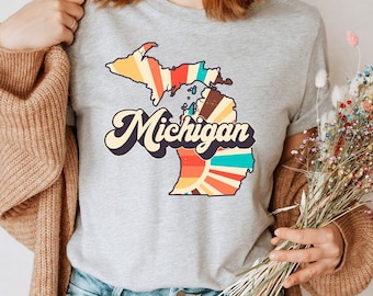 Camisa del estado de Michigan, camisa del estado personalizada, camisetas de grupo vintage retro de viaje personalizadas, cualquier camisa de viaje de la tripulación del estado de EE. UU., camiseta de viaje de Michigan