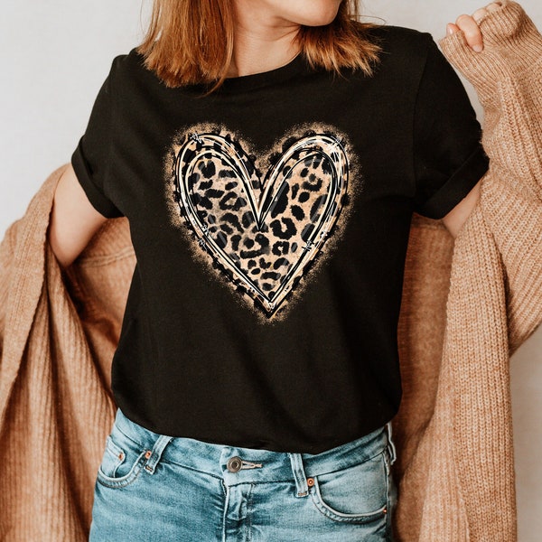 Leopard Heart Shirt, Valentine Woman Girl Gift, Gift for Her, Valentine Women Girls Outfit, Valentine Heart Trendy Leopard T-shirt