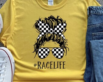 Custom Women Messy Bun Glasses Shirt, Personalized Woman Messy Bun Shirt, Race Life Shirt, Race Mom Life Shirt, Messy Bun Woman Custom Shirt