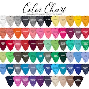 K&ouml;nnte beinhalten: Farbkarte mit einer Auswahl an T-Shirt-Farben, die im Gildan 64000 Unisex Softstyle T-Shirt erh&auml;ltlich sind. Die Karte umfasst eine gro&szlig;e Auswahl an Farben, von klassischem Wei&szlig; und Schwarz bis hin zu leuchtenden Farben wie Elektrogr&uuml;n, Saphir und Strahlender Orchidee.