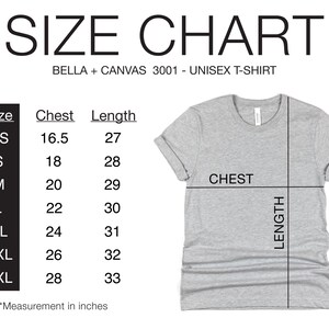Puede incluir: Tabla de tallas para una camiseta unisex, que muestra las medidas de pecho y largo en pulgadas para las tallas XS a 3XL. La tabla est&aacute; etiquetada como "BELLA + CANVAS 3001 - UNISEX T-SHIRT".