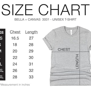 K&ouml;nnte beinhalten: Gr&ouml;&szlig;entabelle f&uuml;r ein Unisex-T-Shirt, die die Brust- und L&auml;ngenma&szlig;e in Zoll f&uuml;r die Gr&ouml;&szlig;en XS bis 3XL zeigt. Die Tabelle ist mit "BELLA + CANVAS 3001 - UNISEX T-SHIRT" beschriftet.