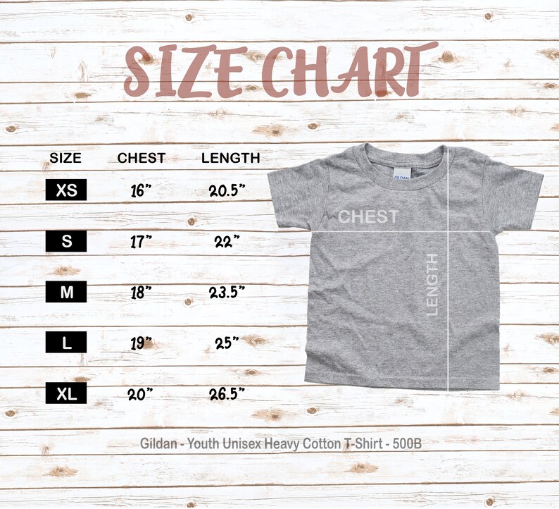 Puede incluir: Tabla de tallas para una camiseta de algod&oacute;n pesado unisex para j&oacute;venes. La tabla muestra las tallas XS a XL con las medidas de pecho y longitud correspondientes en pulgadas.