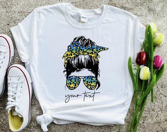 Custom Messy Bun Woman T-Shirt, Leopard Print Sunglasses, Personalized Text Tee