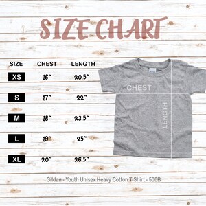 May include: Size chart for a youth unisex heavy cotton t-shirt. The chart shows sizes XS through XL with corresponding chest and length measurements in inches.