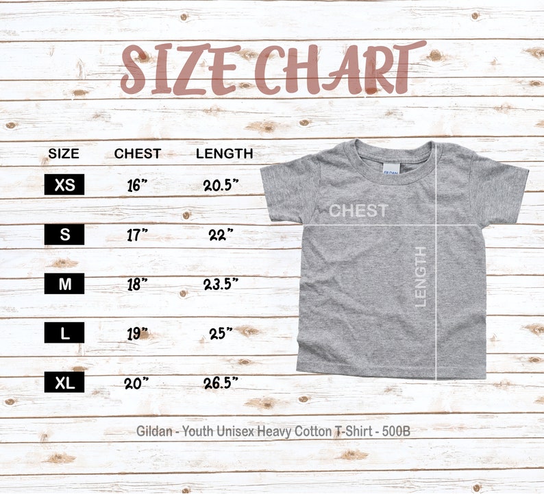 May include: Size chart for a youth unisex heavy cotton t-shirt. The chart shows sizes XS through XL with corresponding chest and length measurements in inches.