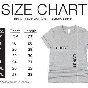 Puede incluir: Tabla de tallas para una camiseta unisex, que muestra las medidas de pecho y largo en pulgadas para las tallas XS a 3XL. La tabla est&aacute; etiquetada como "BELLA + CANVAS 3001 - UNISEX T-SHIRT".