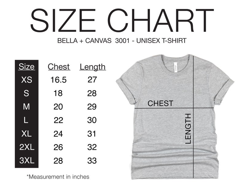 Puede incluir: Tabla de tallas para una camiseta unisex, que muestra las medidas de pecho y largo en pulgadas para las tallas XS a 3XL. La tabla est&aacute; etiquetada como "BELLA + CANVAS 3001 - UNISEX T-SHIRT".