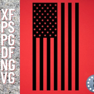 May include: Black and white silhouette of the American flag with stars and stripes. The flag is on a red background with a small circle containing a silhouette of a person raising their arms in the air with stars around them.