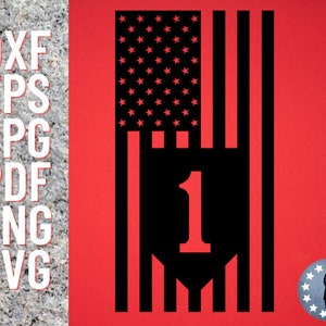 May include: Black and white silhouette of an American flag with the number "1" in the center. The flag is on a red background.