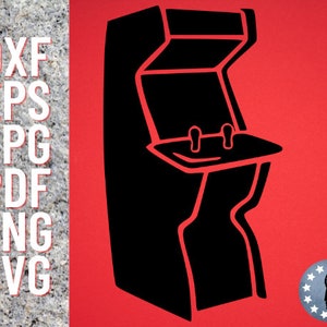 May include: Black silhouette of a classic arcade game cabinet with two buttons and a joystick.