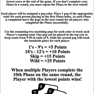 May include: Black and white illustration of the game Phase 10, which is a card game for 2-6 players. The goal of the game is to complete all ten Phases, one round at a time. The illustration shows the scoring system for the game, as well as a close-up of the cards used in the game.