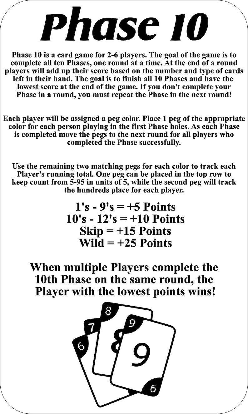 May include: Black and white illustration of the game Phase 10, which is a card game for 2-6 players. The goal of the game is to complete all ten Phases, one round at a time. The illustration shows the scoring system for the game, as well as a close-up of the cards used in the game.