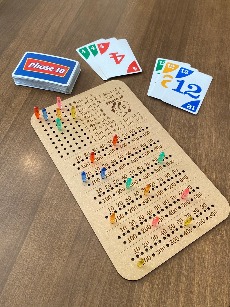 May include: A Phase 10 game board with a scoring chart and colored lights. The chart shows the points needed to complete each phase of the game. The lights are used to track the progress of the game.