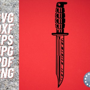 May include: Black and white illustration of a knife with a serrated blade and a textured handle.