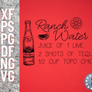 May include: Black and white illustration of a bottle of Topo Chico, a lime wedge, and the text "Ranch Water" with the recipe: "Juice of 1 lime, 2 shots of tequila, 1/2 cup Topo Chico".