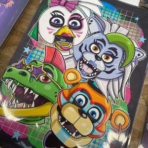 May include: A colourful illustration of four cartoon characters with a retro 80s style background. The characters are a green dinosaur with sunglasses, a white chicken with a pink bow, a blue and orange bear, and a white wolf with green hair. The background is a black and white grid with stars and pink and blue accents.