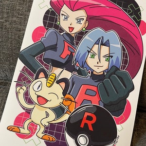 May include: A colorful illustration of two anime characters, a female with pink hair and a male with blue hair, standing next to a cartoon cat. The characters are wearing black and red outfits with the letter "R" on them. A black and white Pokeball with a red "R" is in the foreground.