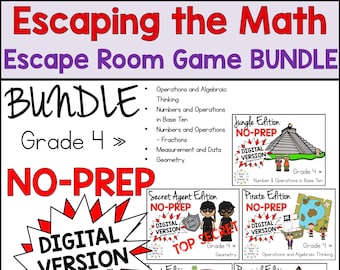 May include: A bundle of digital escape room games for 4th grade math. The games are no-prep and use Google Forms. The bundle includes games on operations and algebraic thinking, numbers and operations in base ten, fractions, measurement and data, and geometry. Each game has a different theme, such as jungle, secret agent, pirate, planet, and pyramid.