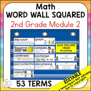 May include: A colorful educational poster titled "Math WORD WALL SQUARED" for 2nd grade. The poster includes math terms like "skip count," "graph," "thousand," "centimeter," "compare," "exchange," "open number line," and "decompose." It also includes "Math Practices."