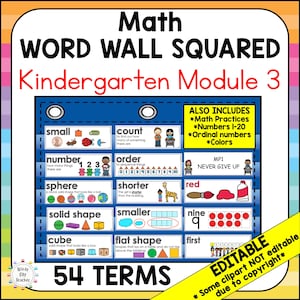May include: A colourful educational poster titled "Math Word Wall Squared Kindergarten Module 3." The poster features math vocabulary words with illustrations, including "small," "count," "number," "order," and "sphere." It also includes the text "54 Terms."