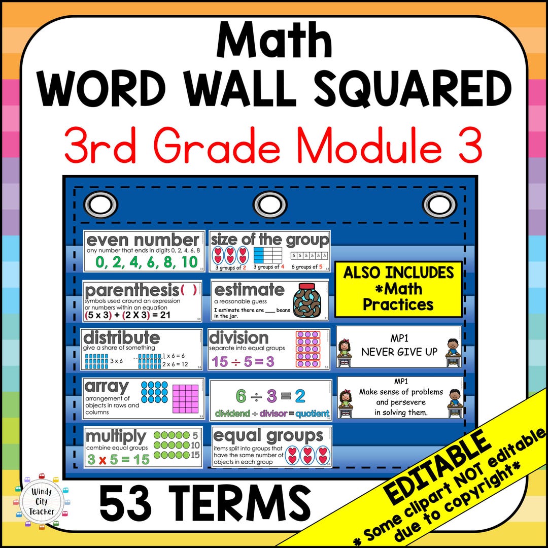 3rd Grade Math Vocabulary Word Wall Squared - Module 3 - EDITABLE - Etsy