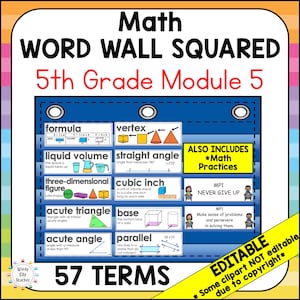 May include: A colorful educational poster titled "Math Word Wall Squared" for 5th grade. The poster features math terms like "formula," "vertex," and "acute angle," with illustrations. It includes the text "57 Terms" and "Also Includes *Math Practices."