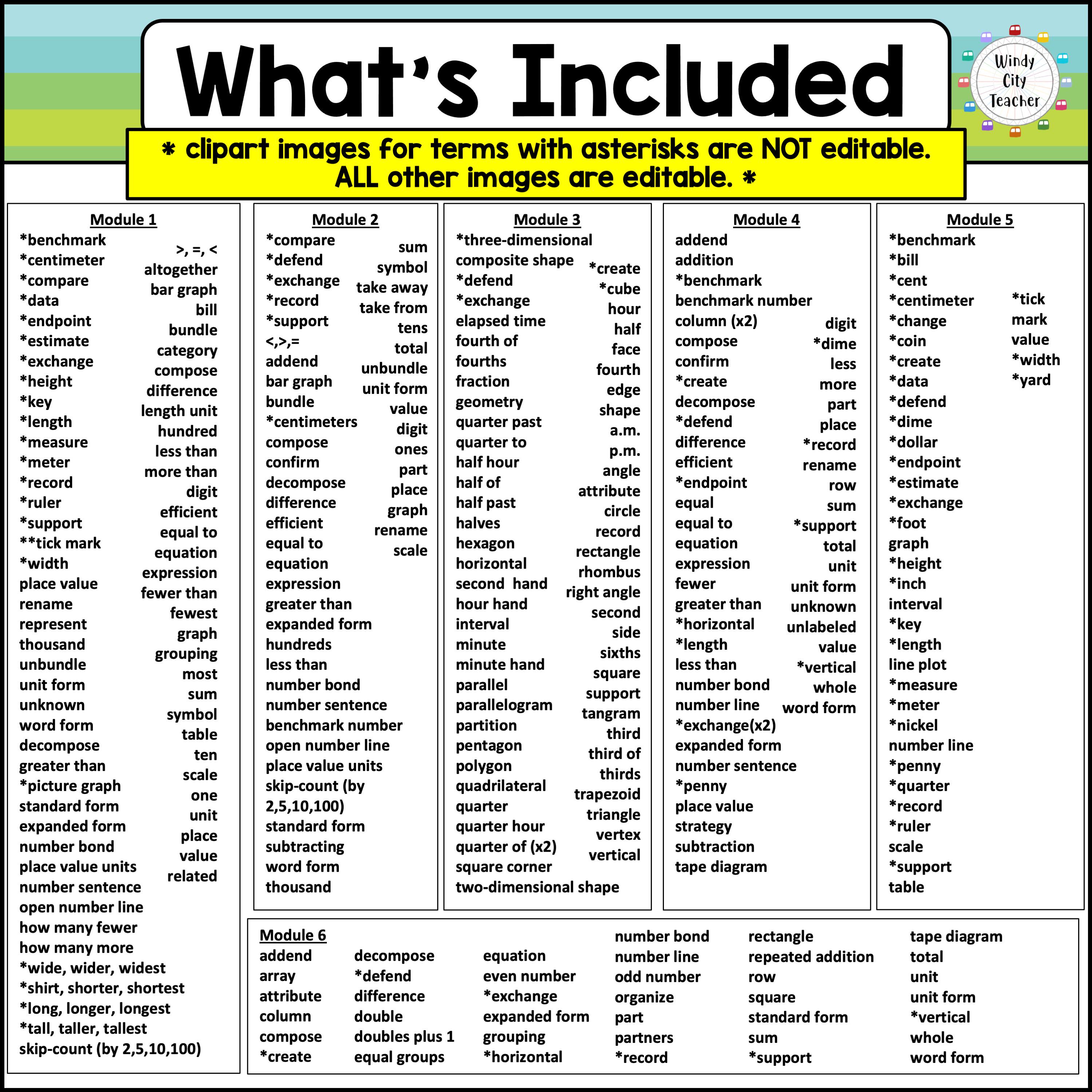 2nd Grade Math Vocabulary Word Wall Squared Bundle - Module 1-6 ...