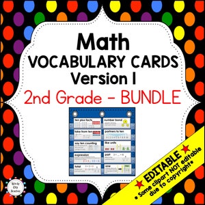 May include: A blue and white printable set of math vocabulary cards for second grade. The cards include terms like 'ten plus facts', 'number bond', 'take from ten', 'partners to ten', 'like units', 'say ten counting', 'expression', 'total', 'part', 'one'.
