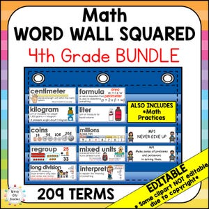 May include: A colorful educational poster titled "Math WORD WALL SQUARED 4th Grade BUNDLE". It features math vocabulary terms like "centimeter", "kilogram", "formula", and "liter". The poster includes the text "209 TERMS" and "ALSO INCLUDES *Math Practices".