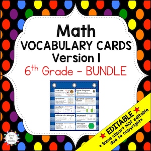 May include: A blue and white printable poster with math vocabulary terms for 6th grade. The poster includes definitions and illustrations for terms like unit rate, quadrant, quotient, altitude of a triangle, median, tape diagram, greatest common factor, fraction, exponent, and hexagon. The poster is labeled "Math Vocabulary Cards Version I 6th Grade - Bundle".