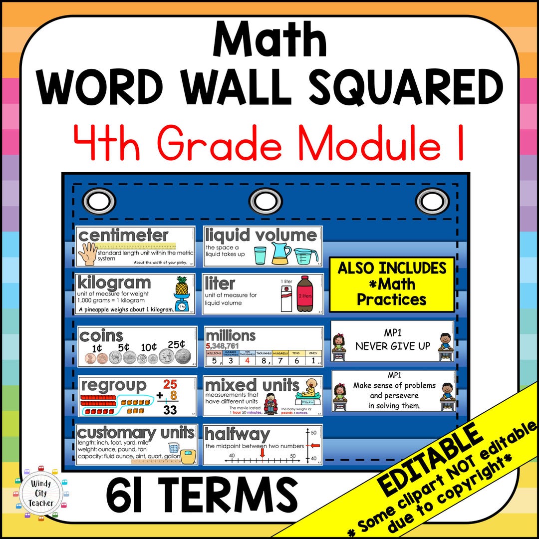 4th Grade Math Vocabulary Word Wall Squared - Module 1 - EDITABLE - Etsy