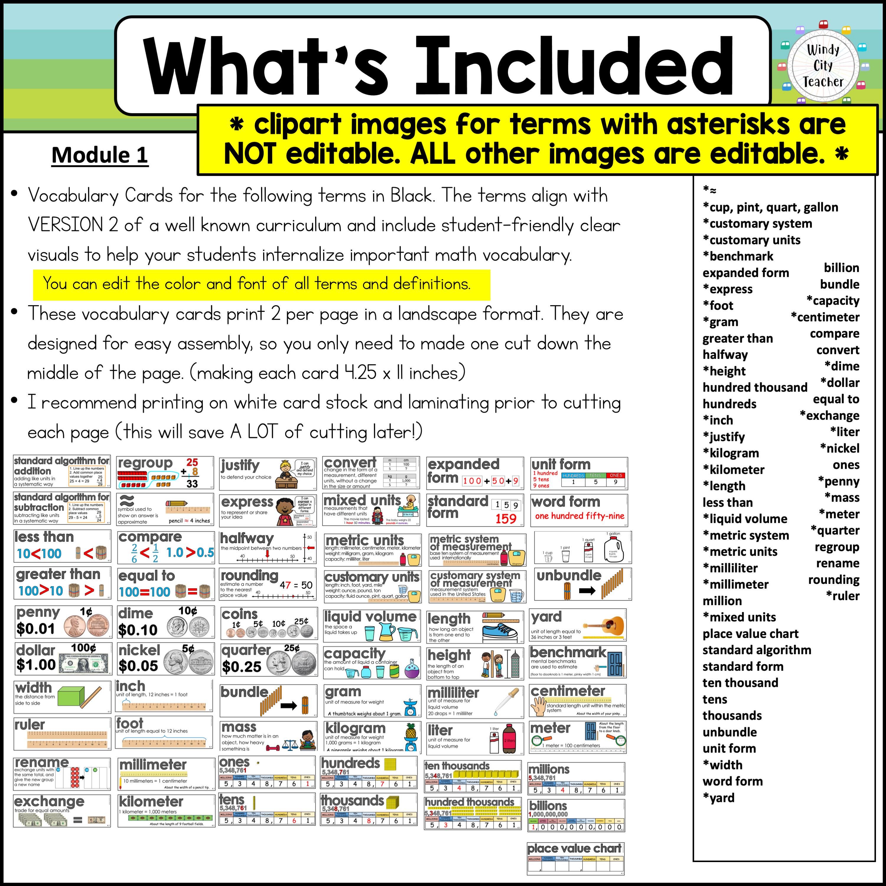 4th Grade Math Vocabulary Word Wall Squared - Module 1 - EDITABLE - Etsy