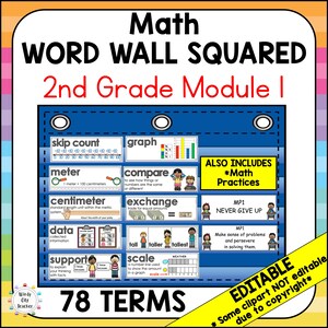 May include: A colorful educational poster titled "Math Word Wall Squared" for 2nd grade. It features math vocabulary words like "skip count," "graph," "meter," and "centimeter." The poster includes the text "78 Terms" and "Also Includes *Math Practices."