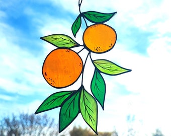 Handcrafted Orange Branch Stained Glass Art for Unique Decor