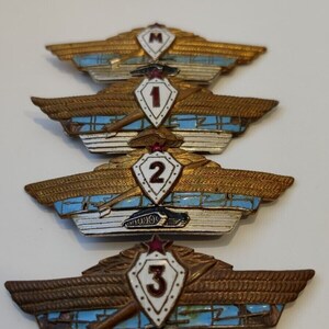 A set of Soviet-class insignia for tank troops.