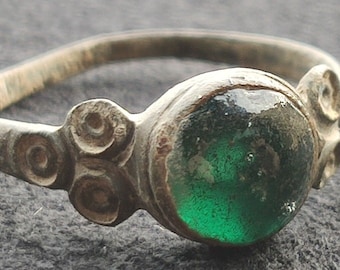 Beautiful original medieval ring with green stone inlay.