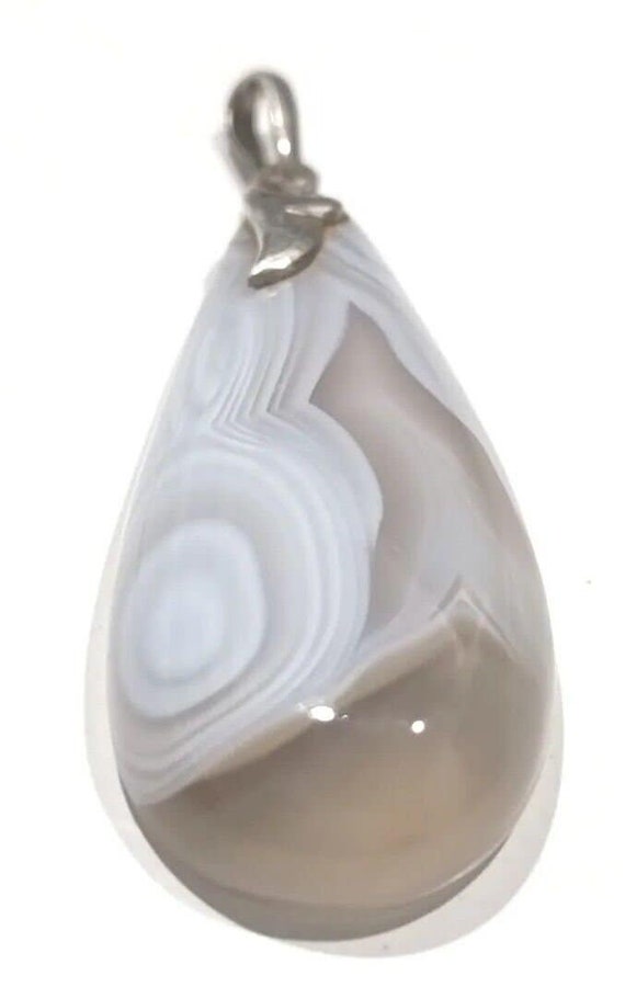Pendentif En Forme De Goutte - Agate Fumée Et Argent - Gravure Et Relief - Occasion