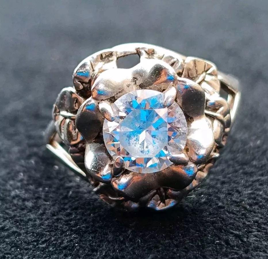 Bague Vintage Cocktail En Argent Massif Avec Pierres - Taille 55 - Poinçons Ukraine - Occasion