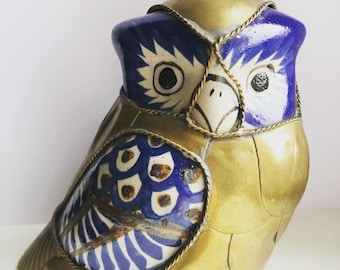 Sergio Bustamante Brass and Porcelain Owl Figure Sculpture