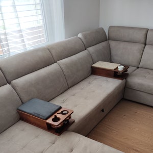 Wooden Couch Armrest Tray with Dual Cup Holders – Rustic Gift for Him, Sofa Drink Organizer