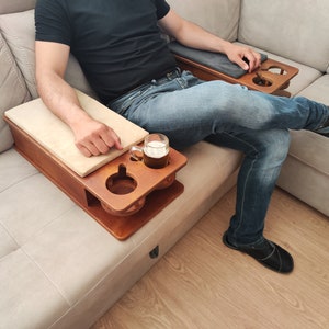 Wooden Couch Tray with Dual Cup Holders – Practical Sofa Armrest Organizer
